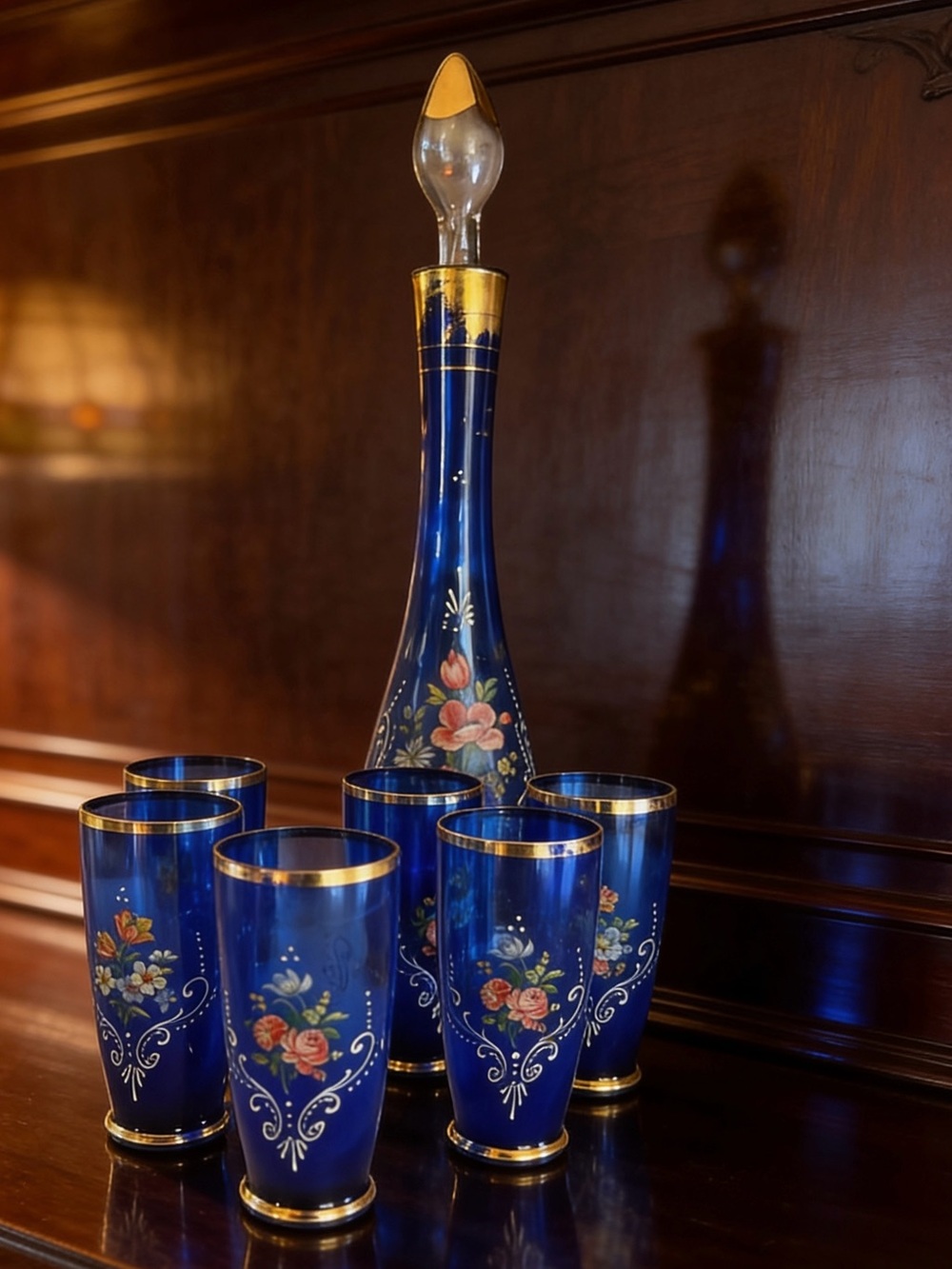 Vintage Murano Italian Cobalt Blue Decanter Set w/ 6 Glasses
